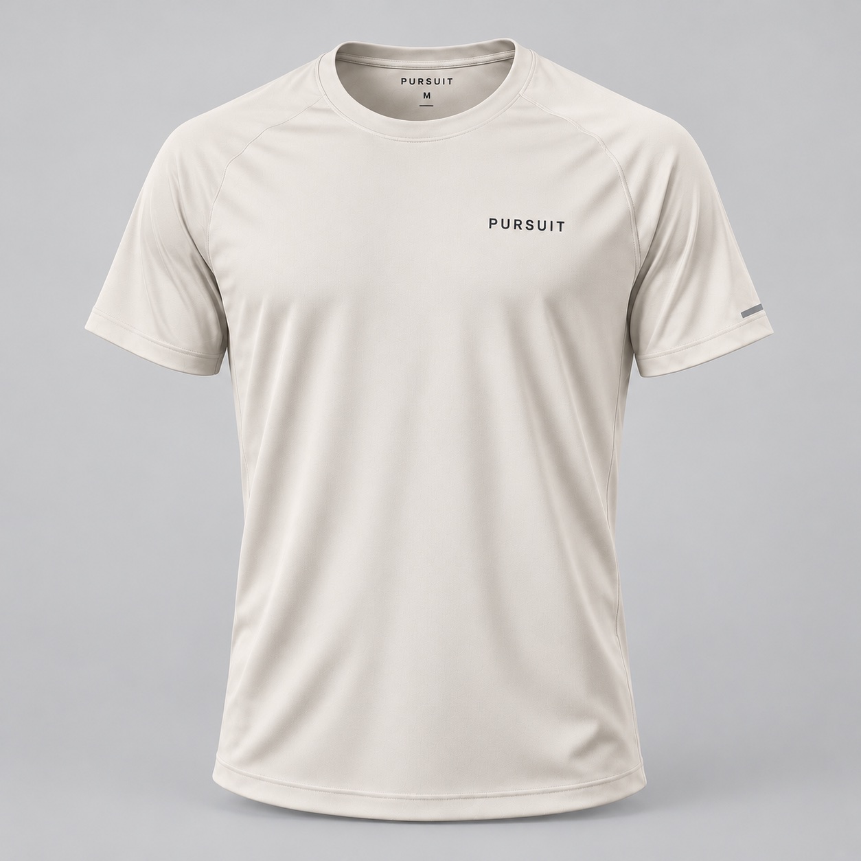 Pursuit running T-shirt, soft off-white with a dark Pursuit logo on the chest, front view